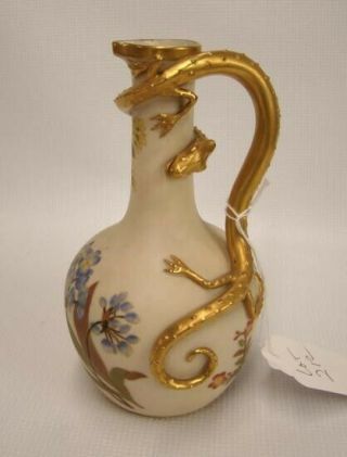 Antique 1888 Royal Worcester Golden Salamander Handle Porcelain Ewer