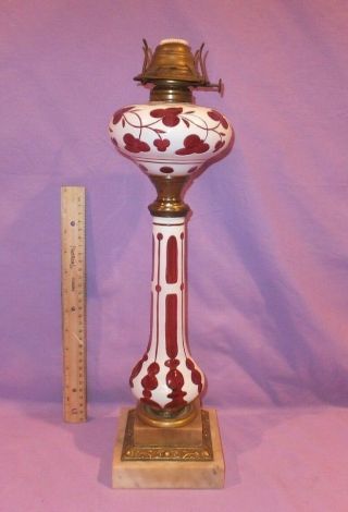 Tall Victorian 1876 Boston And Sandwich Glass White Cut To Cranberry Oil Lamp