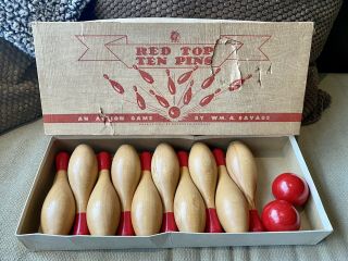 Vintage Wooden Red Top Ten Pins Mini Bowling Game W/box Randolph,  Vermont Savage