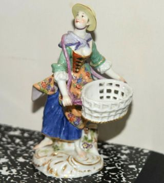 Antique Meissen Porcelain Figurine Woman With Basket 5 ¼ Inches