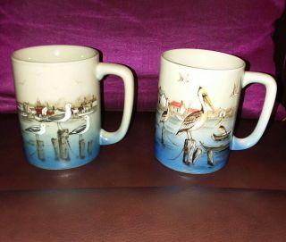 2 Otagiri Japan 10 Oz Mugs.  Pelicans At The Dock And Seagulls At The Dock