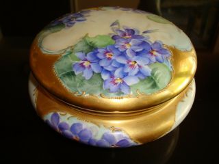Antique Limoges Vignaud Hand Painted Jewelry Box,  Violets & Heavy Gold,  Large 7 "
