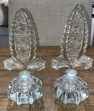 Antique Pair Czech Clear Cut Crystal Perfume Bottles 8.  5 Inch Tall Art Decor