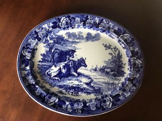 Antique Blue And White Platter With Cows