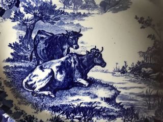 Antique Blue And White Platter With Cows 2