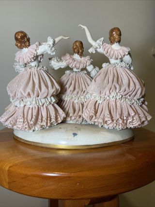 Antique Dresden Lace Porcelain 3 Dancing Ladies Large Elaborate - Crown Mark 3