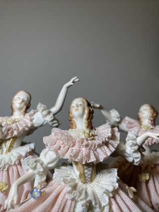 Antique Dresden Lace Porcelain 3 Dancing Ladies Large Elaborate - Crown Mark 5