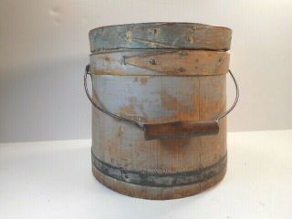 Antique 19th Century Small 7 1/2 " Tall Painted Firkin W/metal Bail Handle
