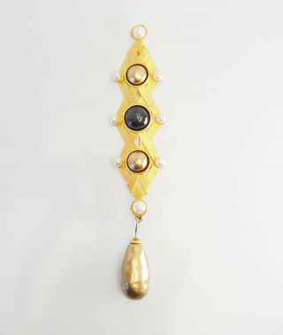 Rare Vintage Gold Tone Metal Faux Pearl Huge Pin Brooch By Karl Largerfeld