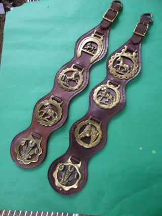 Vintage Pair Horse Brasses On Leather Strap With Brass Buckle Vgc Gift