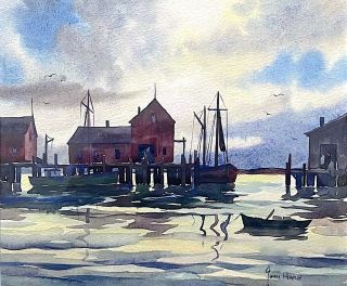 John Cuthbert Hare Vtg Signed Orig Watercolor Painting Rockport,  Ma Harbor Scene
