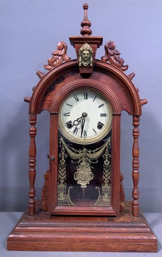 19thc Antique Victorian Era Wood Ormolu Lady Bust Old Kitchen Style Mantel Clock