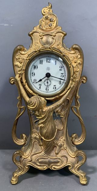 Antique Art Nouveau Era Jennings Bros Figural Lady Statue Old Boudoir Clock