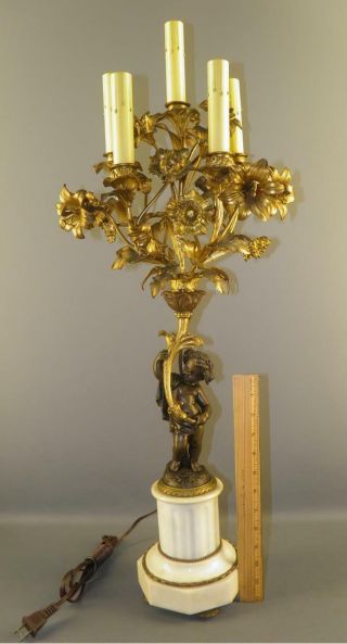 Antique Bronze French Empire Era Putti Floral 5 Light Candelabra On Marble Base