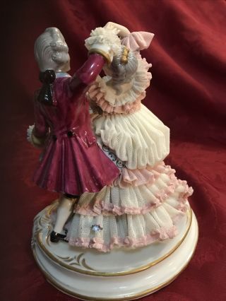 Muller Volkstedt Dresden Lace Figurine Large Rare Dancing Couple 8” 3