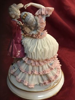 Muller Volkstedt Dresden Lace Figurine Large Rare Dancing Couple 8” 4
