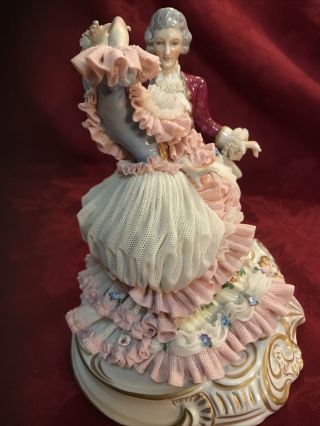 Muller Volkstedt Dresden Lace Figurine Large Rare Dancing Couple 8” 5