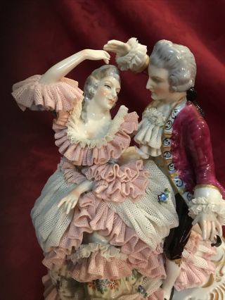 Muller Volkstedt Dresden Lace Figurine Large Rare Dancing Couple 8” 6