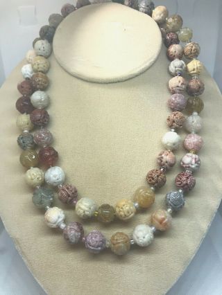 Fab Estate Vintage Multi Color Carved Jade Necklace 6mm Beads - 36 " L