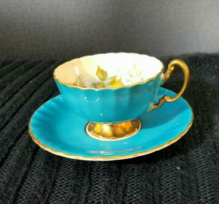 Aynsley Bone China Teacup & Saucer Cabbage Rose Turquoise Signed J.  A.  Bailey 5
