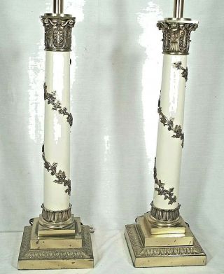 Tall Pair Mid Century Regency Brass Corinthian Column Lamps With Climbing Vines