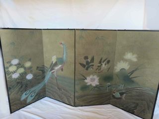 Vintage Japanese 4 Panel Folding Screen Byobu Exotic Birds & Flowers