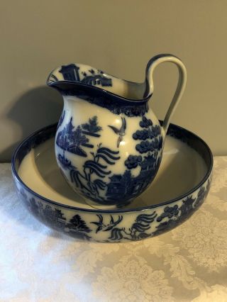 Rare Antique English Blue Willow Doulton Bowl And Pitcher Set C 1890 Sweet