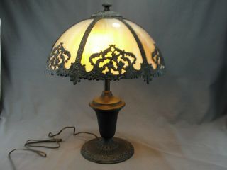 Antique 6 Panel Art Nouveau Era Caramel Slag Glass Iron Table Lamp Rewired 22 " H