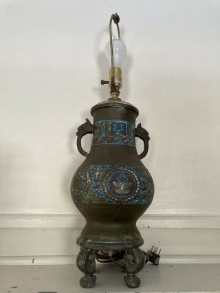Antique Asian Bronze Champleve Cloisonné Enamel Vase Lamp
