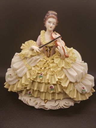 Antique Dresden Lady With Violin Lace Figurine 9 " X7.  5 "