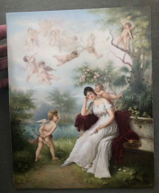 Kpm Porcelain Plaque Girl With Cupids C.  1900 11x9 "