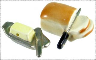 Arcadia Miniature Salt & Pepper Shakers,  Sliced Bread Loaf And Butter On Dish