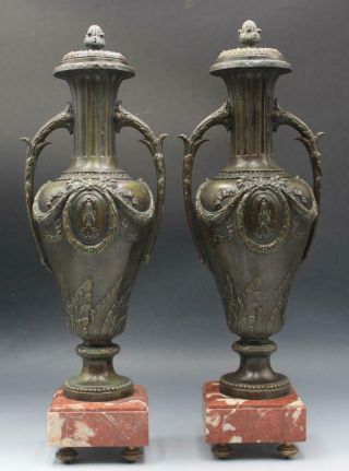 Pair Antique French Neo Classical Bronzed Urn Form Garnitures W/ Marble Bases