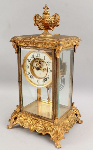 Antique Ansonia Gilded Bronzed Crystal Regulator Clock W/ Open Escapement Face