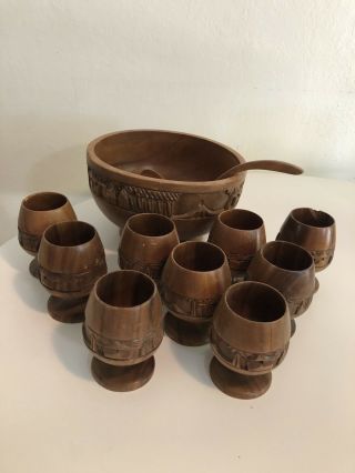 Vintage Teak Wood Monkey Pod Punch Bowl And Nine Cups Mid Century Hand Carved
