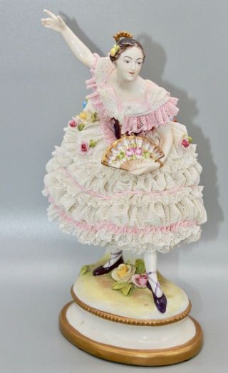 Antique 19t Century Volkstedt Porcelain Ballerina With Fan Figurine Dresden Lace