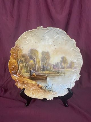 Antique Limoges Charger Plate Hand Painted Ak French Porcelain Landscape Fishing