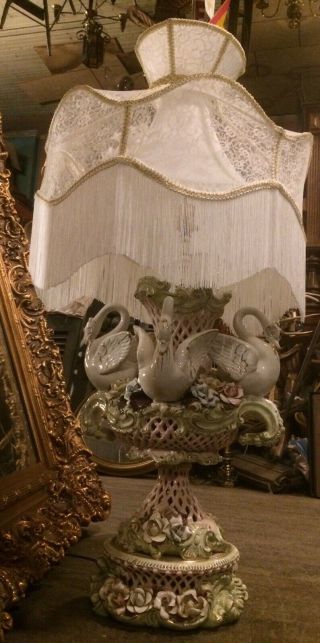 Rare Old Italian Swan Porcelain Capodimonte Lamp Wedding Lace 42” Ok