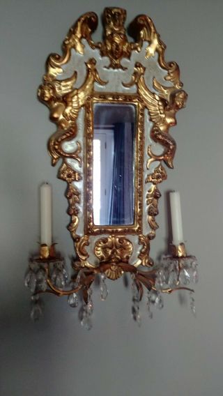 Vintage Italian Florentine Toleware Wall Mirror.  Gold.  Mermaid.  Putti.  Sun God