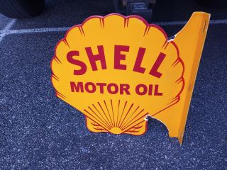 Vintage Shell Motor Oil Double Sided Flange Porcelain Sign