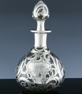 Larger C1900 Art Nouveau Alvin.  999 Sterling Silver Overlay Glass Perfume Bottle