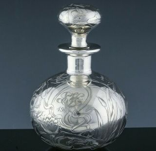 Largec1900 Art Nouveau Sterling Silver Overlay Glass Perfume Bottle Gorham Alvin