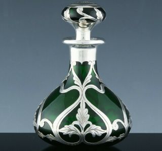 Rare C1900 Art Nouveau Gorham Sterling Silver Overlay Green Glass Perfume Bottle