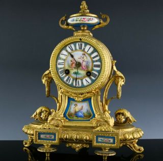 V.  Fine Quality Victorian Sevres Paris Porcelain Enamel Gold Gilt Mantle Clock