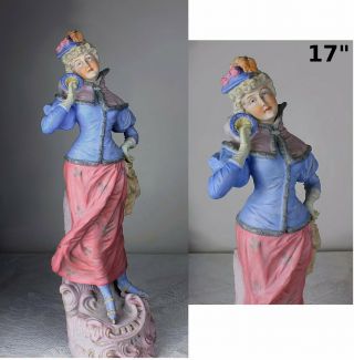 Antique German Victorian Dresden Era Lady Skater Winter Bisque Figurine Large