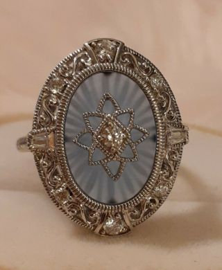 Vintage Art Deco Art Nouveau Carved Camphor Glass Sterling Silver Ring Size 10