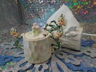 Vintage Lefton Esd? Christmas Pixie Elves On Logs Sugar Bowl & Napkin Holder
