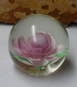 Solid Glass Paper Weight Art Deco Vibrant Colorful Pink Rose Flower