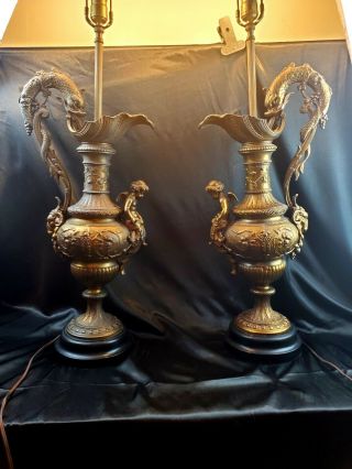 Vintage Mcm French Art Deco Urn Table Lamp Pair Dragon Fish Ram Head Cherub 46 "