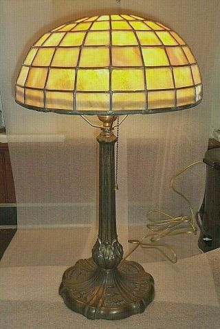Antique Bradley Hubbard Solid Bronze Lamp With Arts & Crafts Leaded Glass Shade
